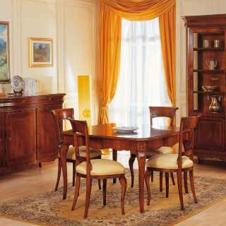 800 francese style dining room, walnut finish: square table with marquetry, carved chairs, inlayed glass showcase and sideboard