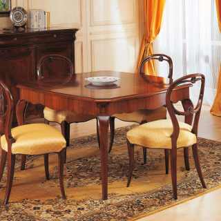 Walnut square table, 800 francese style, with carved chairs and inalyed sideboard. Italian luxury classic furniture
