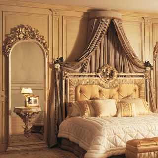 Classic bed, big wall mirrors with integrated night tables, all white over gold finish, rich handmade carvings