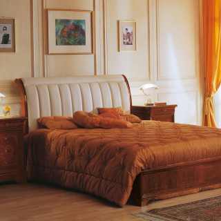 Outlined leather headboard bed, walnut night table with marquetry, 800 francese luxury classic collection