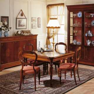 800 francese style dining room: inlayed walnut sideboard and glass showcase, extensible square table, carved chairs