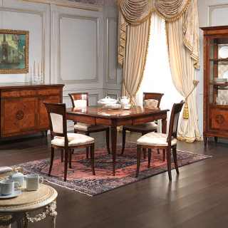 Maggiolini style classic dining room. Walnut and olivewood extensible table, chairs, sideboard and glass showcase. Handmade marquetry