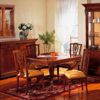 Walnut dining room Carlo X style: inalyed and carved table, carved chairs, sideboard and glass showcase