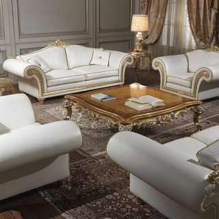 Classic living room Imperial with carved sofas and armchairs, white leather finish