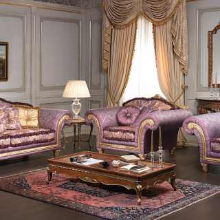 Classic living room Imperial, purple fabric finish, with golden and carved details and cymatium. Walnut carved coffee table