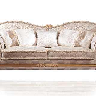 Classic sofa Excelsior with wave shape. Carved and golden details and cymatium. Ivory fabric finish