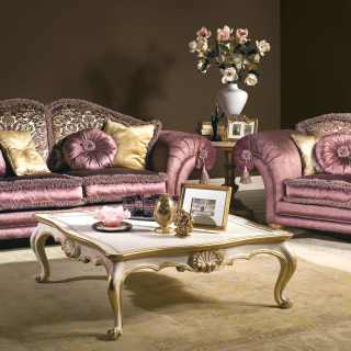 Classic living room with sofa and armchair Majestic, purple and flower fabric finish