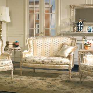 Classic living room San Marco collection, ivory fabric finish,carved details, white over gold finish