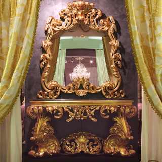 Carved console 600 italiano baroque style with wall mirror, black marble top