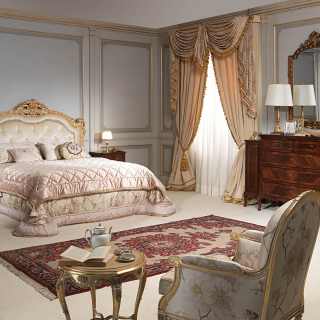 Classic luxury bedroom 800 francese, capitonné bed, gold leaf finish, walnut chest of drawers and night tables, wall mirror