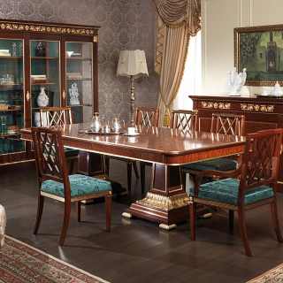 Ermitage dining room impero style: mahogany table and chairs, gold leaf details; mahogany glass showcase and sideboard, brass decorations
