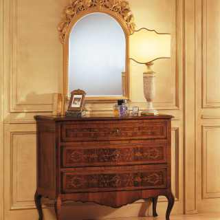 Walnut classic chest of drawers, wall mirror with handmade golden carvings, all from the classic furniture Louvre collection
