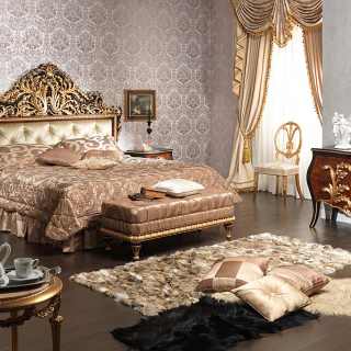 Classic bedroom Emperador Black, carved wood, black and gold leaf finish, carved bed, carved night table, upholstered capitonné bench, wall mirror, chest of drawers