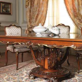 Carved table and upholstered and carved chairs Luigi XV style, Parigi collection. All walnut and gold finish