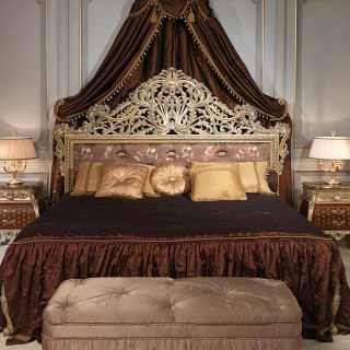 Classic bed Emperador Gold, Luigi XV style, handmade carved wood, made in Italy