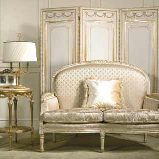 Classic sofa Rialto collection, ivory fabric finish, carved details, white over gold finish. Carved screen and coffee table