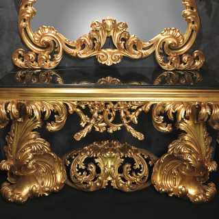 Carved console 600 italiano baroque style, black marble top