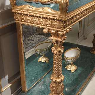 Carved console with green Guatemala marble top, carved columns golden finish