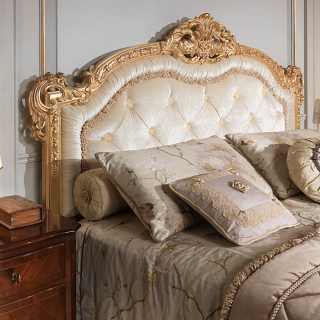 Classic luxury bed 800 francese, capitonné headboard bed in gold leaf, walnut night table