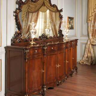 Parigi sideboard, Luigi XV style, with big carved mirror. Walnut and gold finish. Luxury classic furniture made in Italy