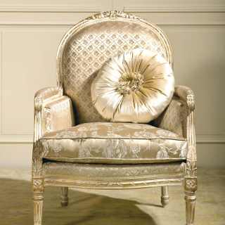 Classic armchair Rialto collection, ivory fabric finish, carved details, white over gold finish.
