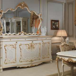 Luigi XV style dining room: carved sideboard with mirror, carved table and chairs. All lacquered and gold, Venezia classic furniture collection