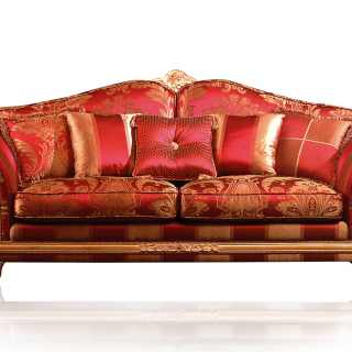 Classic sofa Imperial collection, red fabric finish. Carved and golden details and cymatium