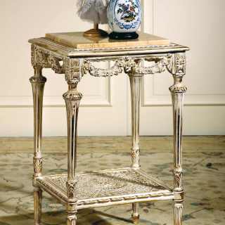 Square coffee table classic style with rich handmade carvings and white over gold finish