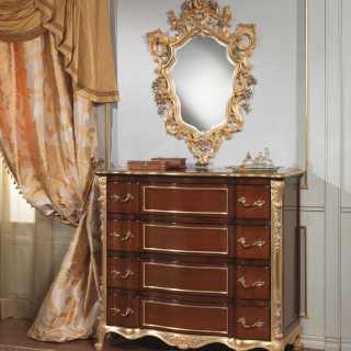 Classic luxury bedroom 700 italiano: cherrywood chest of drawers, gold and silver leaf carvings; carved wall mirror, gold and silver leaf finish