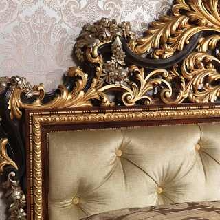 Classic bedroom Emperador Black, carved and capitonné bed, black and gold leaf, flower carvings