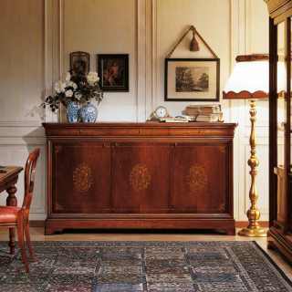 Walnut inalyed sideboard 800 francese style, carved and inalyed table, chairs and glass showcase