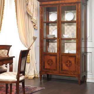 Walnut and olivewood classic glass showcase Maggiolini style. Handmade marquetry. Classic italian luxury furniture