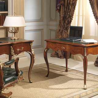 Classic luxury studio Luigi XV style: carved writing desk, walnut antique finish. Carvings handmade in Italy