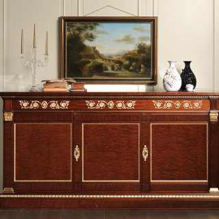 Ermitage sideboard impero style: mahogany wood with brass decorations and gold leaf details