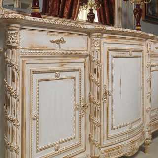 Classic luxury sideboard Luigi XVI style with mirror. Handmade carvings, white over gold finish. All White and Gold classic furniture collection