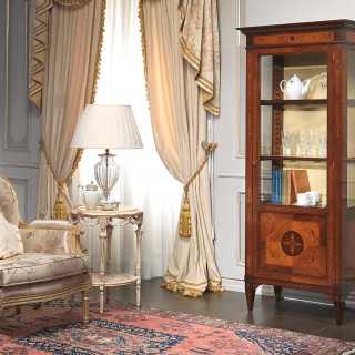 Inlayed classic glass showcase maggiolini style, walnut and olivewood finsh. Handmade in Italy