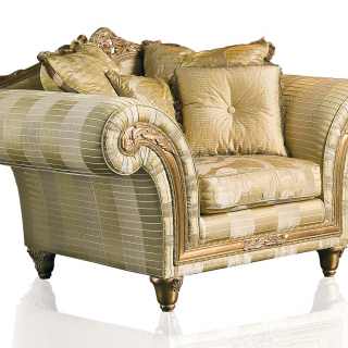 Classic armchair Imperial collection, ivory fabric finish. Carved and golden details and cymatium