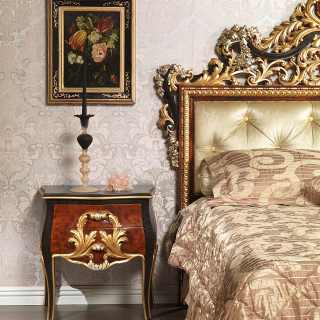 Classic bedroom Emperador Black, carved night table, carved bed, black and gold leaf, handmade in Italy