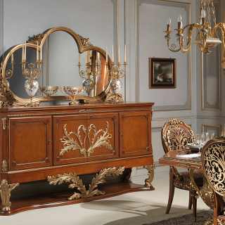 Myrtle briar sideboard with mirror, Luigi XVI style: all walnut and gold leaf finish, Versailles luxury furniture collection