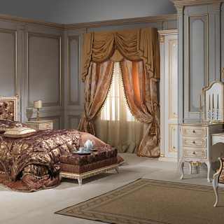 Classic bedroom Louvre, bed, night table, bench, toilette with mirror, all patinated ivory and gold details