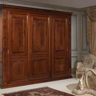 Walnut wardrobe three sliding doors with marquetry, walnut interior, solid wood back. Classic luxury furniture collection 800 francese