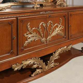 Classic luxury sideboard with golden handmade carvings: all made of myrtle briar, walnut and gold leaf finish. All Luigi XVI style, Versailles luxury classic collection