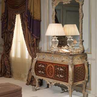Chest of drawers Emperador Gold, Luigi XV style, with carved wall mirror