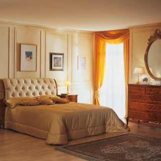 Luxury classic bedroom 800 francese, capitonné leather headboard bed, gold leaf mirror, walnut night tables and chest of drawers