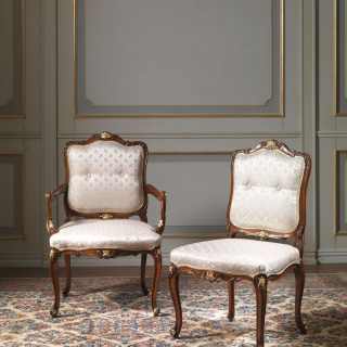 Upholstered and carved chairs, Luigi XV style. Handmade in Italy