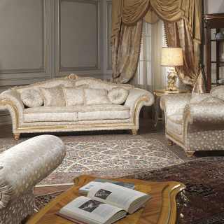 Classic living room Imperial collection, fabric finish. Golden and carved details and cymatium