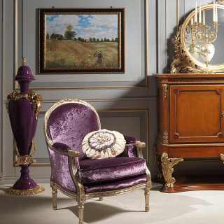 Rialto carved armchair for the classic luxury collection Versailles. Myrtle briar sideboard Luigi XVI style