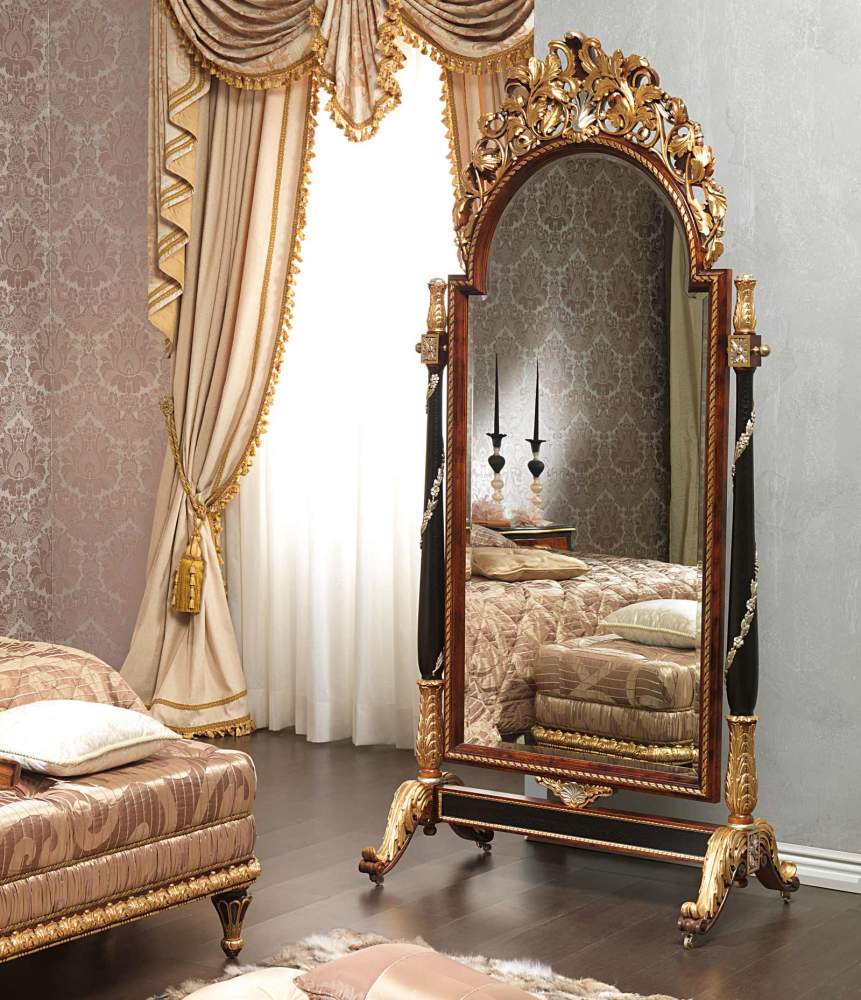 Camera da letto classica Emperador Black in stile Luigi XV, specchiera su ruote con intagli