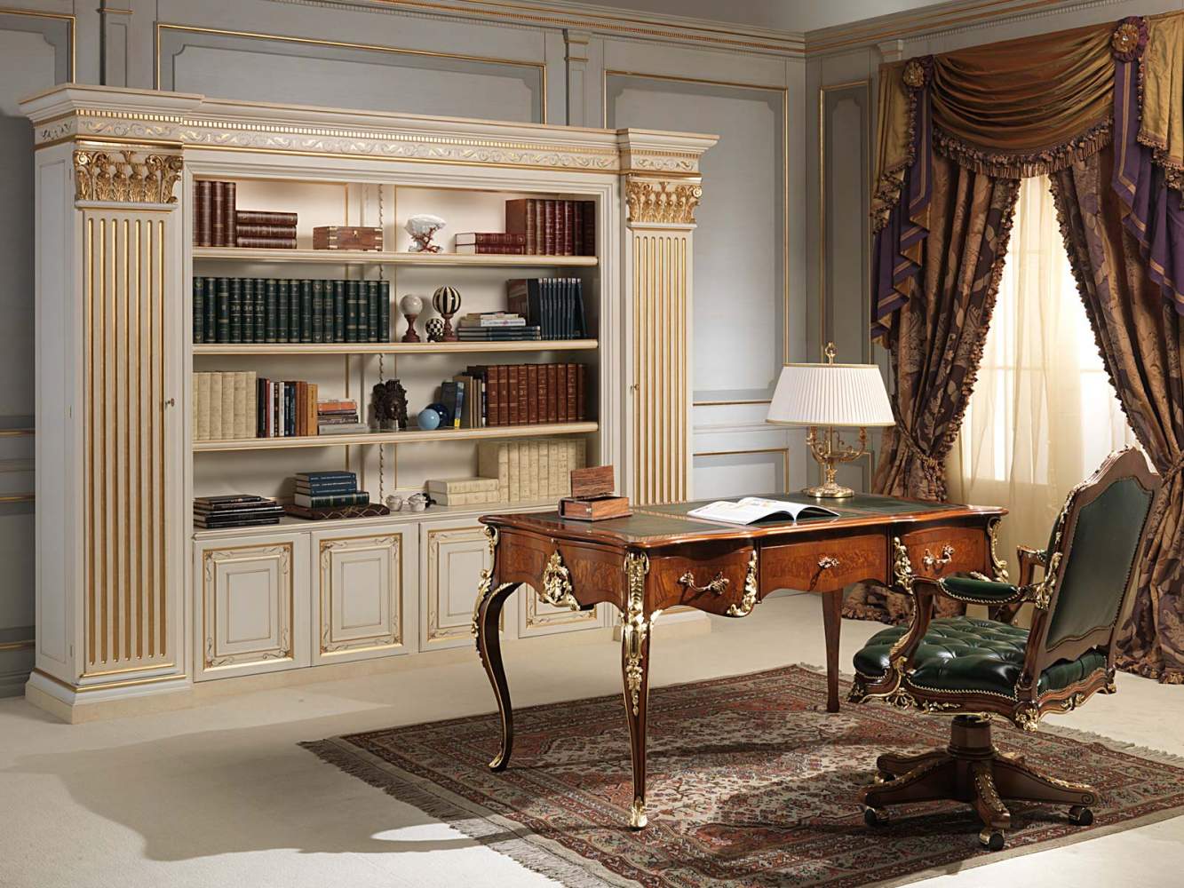 Scrivania e poltrona Luigi XV con libreria classica