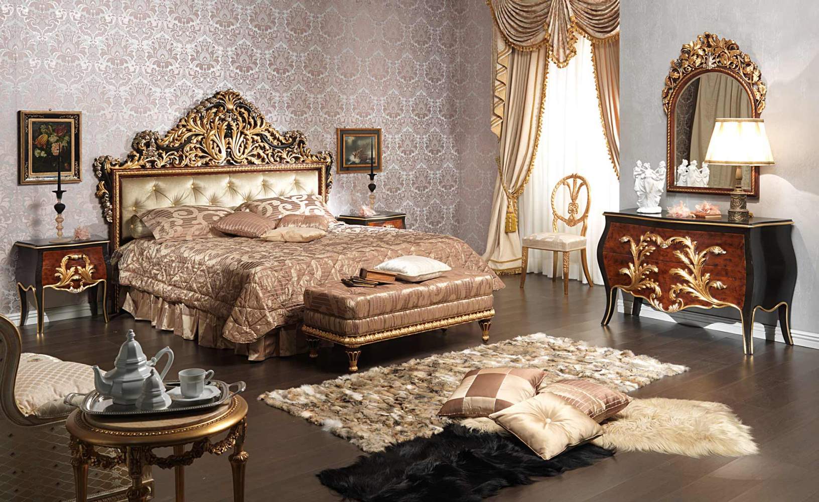 Camera da letto classica Emperador Black in legno intagliato, comodini, tavolino, comò e specchiera